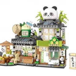 Street View Tea Shop Mini Building Blocks MOC Creative Building Toys Cute Panda Animals Building Set for Girls 6-12 Simulation Architecture Construction Toy Gift Idea for Kids Adults (860PCS)