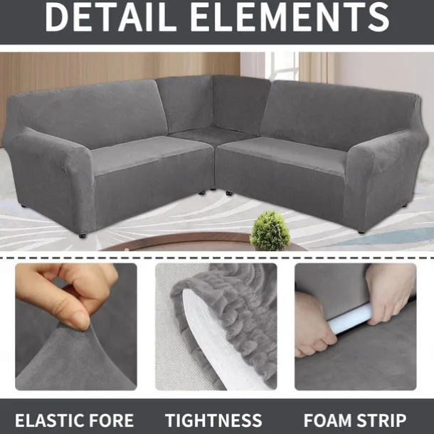 Stretch velvet 5-seater L-shaped sofa cover Solid color all-inclusive private seat pie corner L-shaped sofa cover