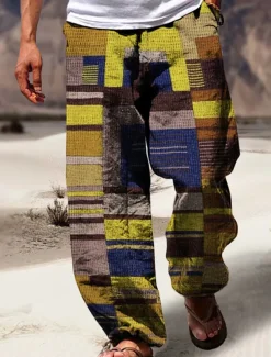 Stripe Casual Men's 3D Print Pants Trousers Outdoor Street Going out Polyester Yellow Purple Orange S M L Mid Waist Elasticity Pants