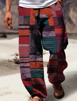 Stripe Casual Men's 3D Print Pants Trousers Outdoor Street Going out Polyester Yellow Purple Orange S M L Mid Waist Elasticity Pants