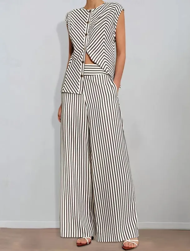 Striped Print Two Piece Pantsuit Mother of the Bride Pantsuit Classic Simple Minimalist Crew Neck Floor Length Metal Buttons Sleeveless with Sash / Ribbon