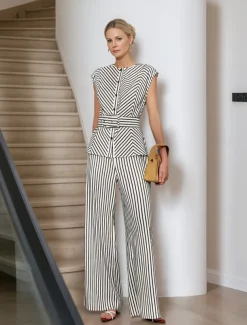 Striped Print Two Piece Pantsuit Mother of the Bride Pantsuit Classic Simple Minimalist Crew Neck Floor Length Metal Buttons Sleeveless with Sash / Ribbon