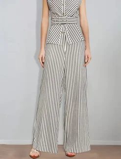 Striped Print Two Piece Pantsuit Mother of the Bride Pantsuit Classic Simple Minimalist Crew Neck Floor Length Metal Buttons Sleeveless with Sash / Ribbon