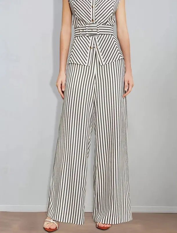Striped Print Two Piece Pantsuit Mother of the Bride Pantsuit Classic Simple Minimalist Crew Neck Floor Length Metal Buttons Sleeveless with Sash / Ribbon