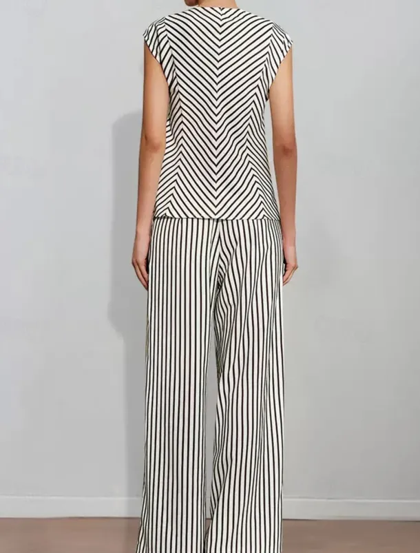 Striped Print Two Piece Pantsuit Mother of the Bride Pantsuit Classic Simple Minimalist Crew Neck Floor Length Metal Buttons Sleeveless with Sash / Ribbon