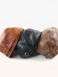 Stylish Brown Faux Leather Flat Cap with Vintage Finish | Perfect for Casual and Dressy Occasions