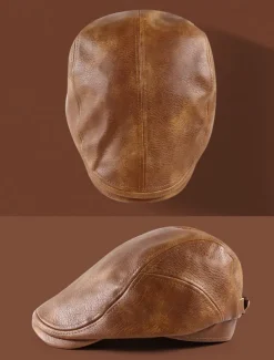 Stylish Brown Faux Leather Flat Cap with Vintage Finish | Perfect for Casual and Dressy Occasions