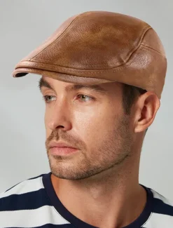 Stylish Brown Faux Leather Flat Cap with Vintage Finish | Perfect for Casual and Dressy Occasions