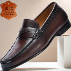 Stylish Brown Leather Loafers with Stitching Detail for Men | Perfect for Casual and Business Casual