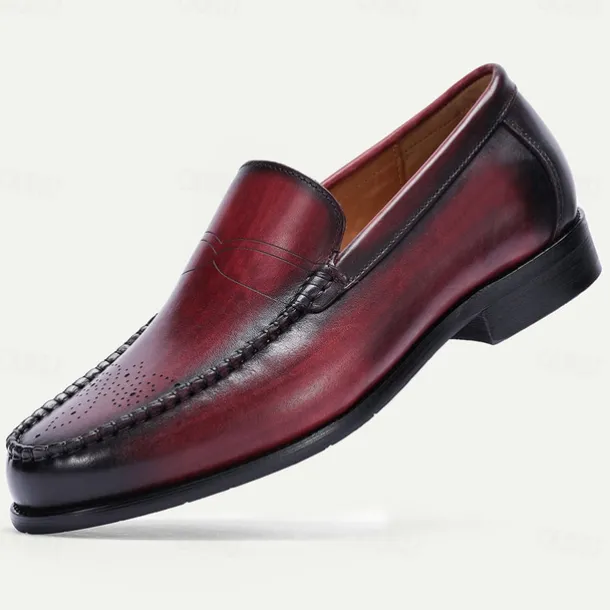 Stylish Burgundy Leather Loafers with Hand-Stitched Brogue Detail for Men | Perfect for Casual and Business Casual