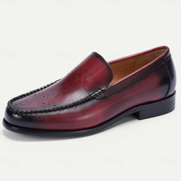 Stylish Burgundy Leather Loafers with Hand-Stitched Brogue Detail for Men | Perfect for Casual and Business Casual