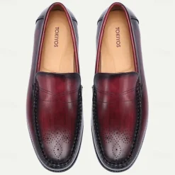 Stylish Burgundy Leather Loafers with Hand-Stitched Brogue Detail for Men | Perfect for Casual and Business Casual