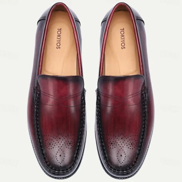 Stylish Burgundy Leather Loafers with Hand-Stitched Brogue Detail for Men | Perfect for Casual and Business Casual