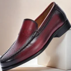 Stylish Burgundy Leather Loafers with Hand-Stitched Brogue Detail for Men | Perfect for Casual and Business Casual