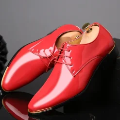 Stylish Men's Red Patent Leather Oxford Shoes - Perfect for Formal Events and Stylish Outings