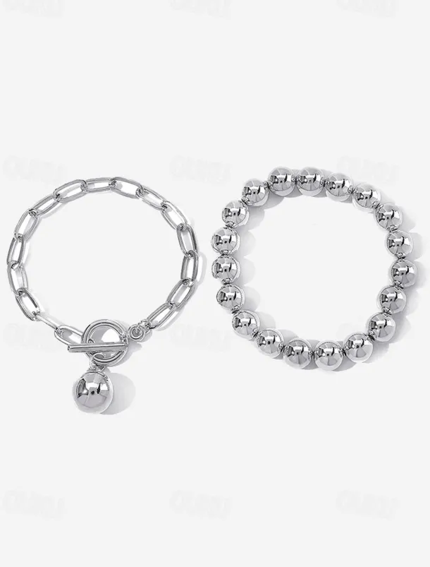 Stylish Silver Ball Bead Necklace and Bracelet – Chunky Layered Chain Design with Toggle Clasp for Modern Chic Look