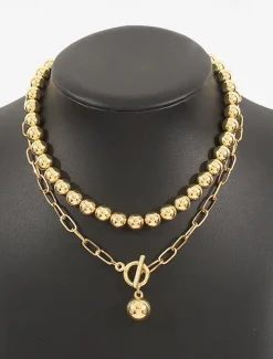 Stylish Silver Ball Bead Necklace and Bracelet – Chunky Layered Chain Design with Toggle Clasp for Modern Chic Look