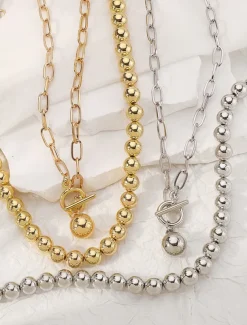 Stylish Silver Ball Bead Necklace and Bracelet – Chunky Layered Chain Design with Toggle Clasp for Modern Chic Look