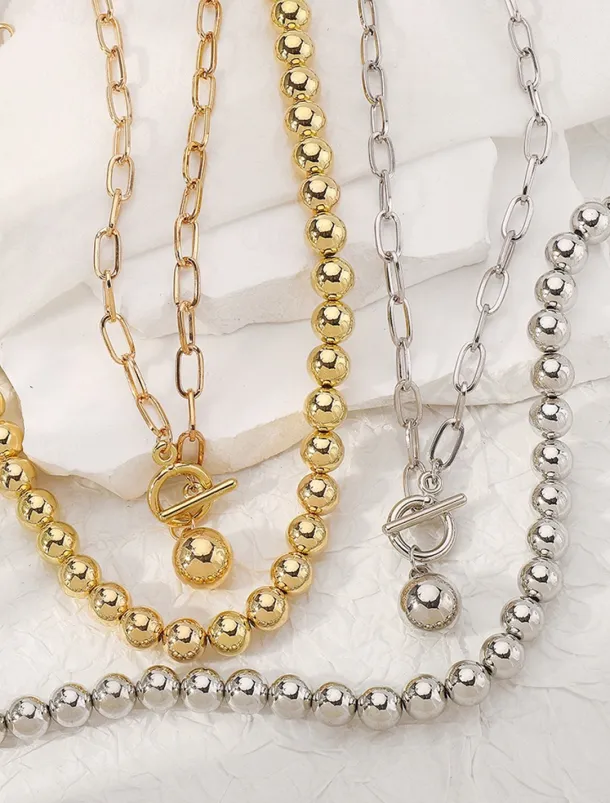 Stylish Silver Ball Bead Necklace and Bracelet – Chunky Layered Chain Design with Toggle Clasp for Modern Chic Look