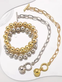 Stylish Silver Ball Bead Necklace and Bracelet – Chunky Layered Chain Design with Toggle Clasp for Modern Chic Look