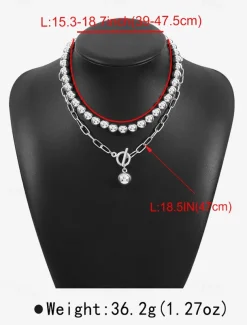 Stylish Silver Ball Bead Necklace and Bracelet – Chunky Layered Chain Design with Toggle Clasp for Modern Chic Look