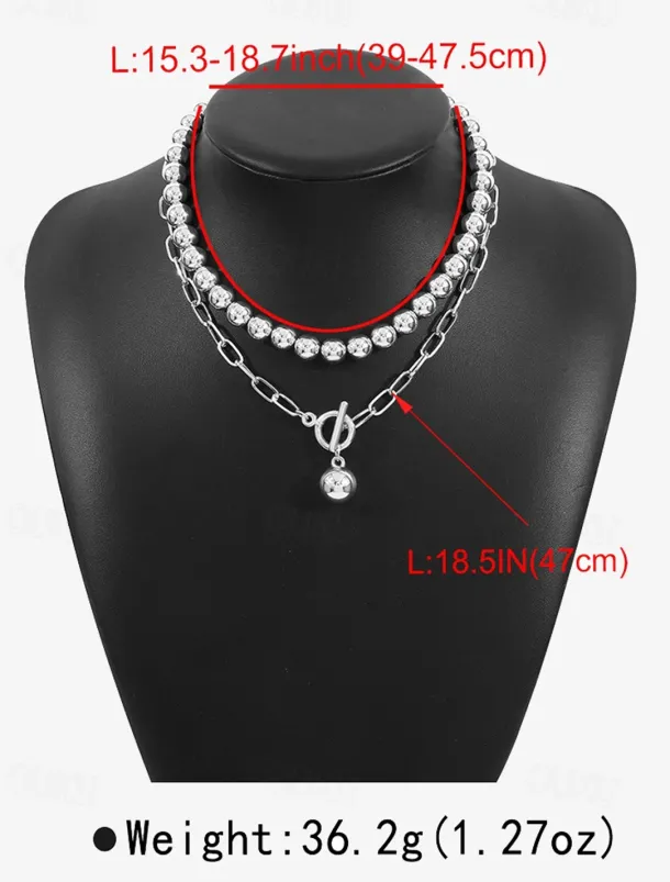 Stylish Silver Ball Bead Necklace and Bracelet – Chunky Layered Chain Design with Toggle Clasp for Modern Chic Look