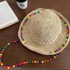 Summer Elegant Crochet Straw Hat with Ruffle One Size Sunshade