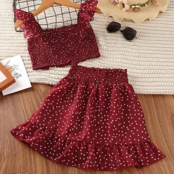 Summer Girls Clothing Sets Two Piece Sleeveless +Short Skirt Wave Point Children Fashion Girls Clothes Suit Party Casual Outfits