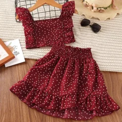 Summer Girls Clothing Sets Two Piece Sleeveless +Short Skirt Wave Point Children Fashion Girls Clothes Suit Party Casual Outfits