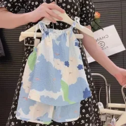 Summer Oil Painting Style New Suspender Set For Girls With Suspender Skirts And Pants Two-Piece Set Vest Skirt