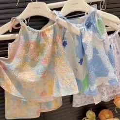 Summer Oil Painting Style New Suspender Set For Girls With Suspender Skirts And Pants Two-Piece Set Vest Skirt