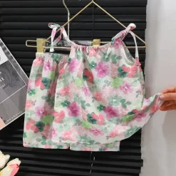 Summer Oil Painting Style New Suspender Set For Girls With Suspender Skirts And Pants Two-Piece Set Vest Skirt