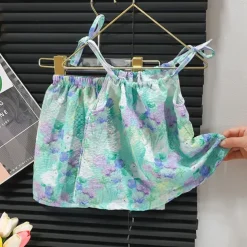 Summer Oil Painting Style New Suspender Set For Girls With Suspender Skirts And Pants Two-Piece Set Vest Skirt