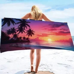Summer Sunset Beach Towel 100% Micro Fiber Coconut Tree Print Large Beach Towel Soft and Quick-drying Bathroom Towel Super Absorbent Towel Lightweight Suitable for Outdoor Travel