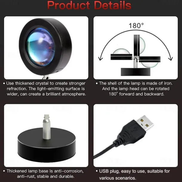 Sunset Projector Lamp, USB Powered Rainbow Sunset Atmosphere Lamp, 180 Degrees Rotation for Living Room Bedroom Bedside Lamp