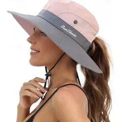 Sunshade Hat UV Protection Wide Brim Beach Cap Foldable Ponytail Bucket Fishing Hat Beach Cap for Fishing Hiking Gardening Outdoor