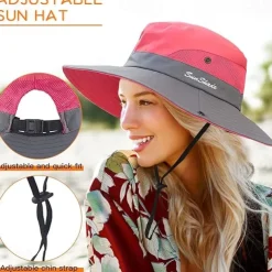 Sunshade Hat UV Protection Wide Brim Beach Cap Foldable Ponytail Bucket Fishing Hat Beach Cap for Fishing Hiking Gardening Outdoor