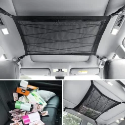 SUV Car Ceiling Storage Net Pocket Double-Layer Mesh Car Roof Bag Interior Cargo Net Breathable Mesh Bag Auto Stowing Tidying Travel Long Trip Camping Interior Accessories