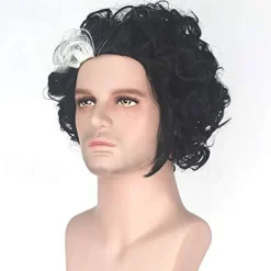 Sweeney Todd Cosplay Wigs for Men Short Bob Curly Synthetic Wig White Highlight Black Color Hair Natural Hairline Heat Resistant Fiber Wigs for Boy Party Halloween Wigs