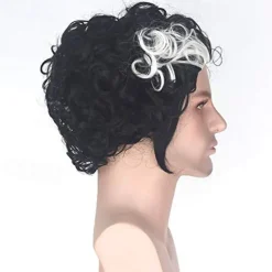 Sweeney Todd Cosplay Wigs for Men Short Bob Curly Synthetic Wig White Highlight Black Color Hair Natural Hairline Heat Resistant Fiber Wigs for Boy Party Halloween Wigs