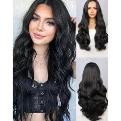 Synthetic Lace Wig Deep Wave Style 26 inch Black Middle Part U Part Wig Women Wig Black Halloween Wigs