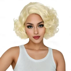 Synthetic Wig Curly Wavy Asymmetrical Neat Bang Machine Made Wig 12 inch A1 Synthetic Hair Women's Classic Comfortable Color Gradient Blonde Halloween Wigs