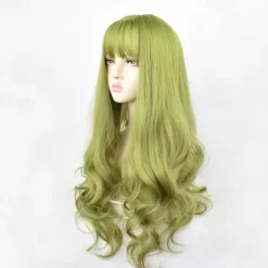 Synthetic Wig Deep Wave Neat Bang Wig Pink Medium Length Mint Green Black Pink Synthetic Hair Women's Cosplay Party Fashion Pink Black Halloween Wigs