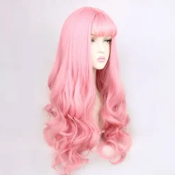 Synthetic Wig Deep Wave Neat Bang Wig Pink Medium Length Mint Green Black Pink Synthetic Hair Women's Cosplay Party Fashion Pink Black Halloween Wigs