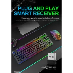 T87 Rechargeable Keyboard and Mouse Set Wireless Mechanical Feel Multicolor Backlit Gaming Keyboard Mouse Set Wireless Waterproof 2.4G USB Drive