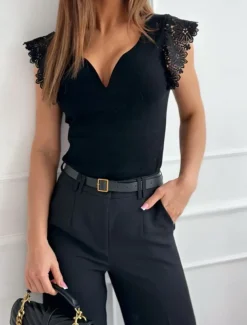 T shirt Tee Dressy Tops Women's Black White Plain Lace Street Daily Fashion V Neck Regular Fit S