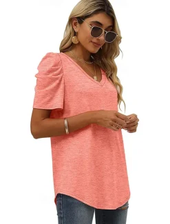 T shirt Tee Women's Black White Purple Plain Ruched Street Daily Fashion V Neck Regular Fit S