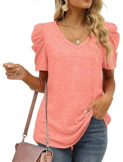 T shirt Tee Women's Black White Purple Plain Ruched Street Daily Fashion V Neck Regular Fit S