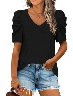 T shirt Tee Women's Black White Purple Plain Ruched Street Daily Fashion V Neck Regular Fit S