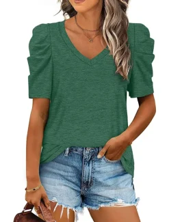 T shirt Tee Women's Black White Purple Plain Ruched Street Daily Fashion V Neck Regular Fit S